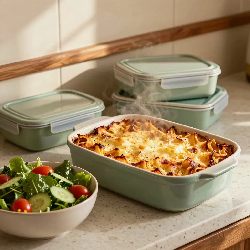 Baked pasta, salad bowl, and two lunch boxes on a travertine kitchen counter with steam rising.