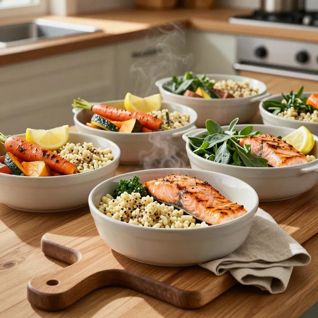 Meal-prep bowls of salmon, grains, roast vegetables, and salad on an oak counter, one bowl revealed