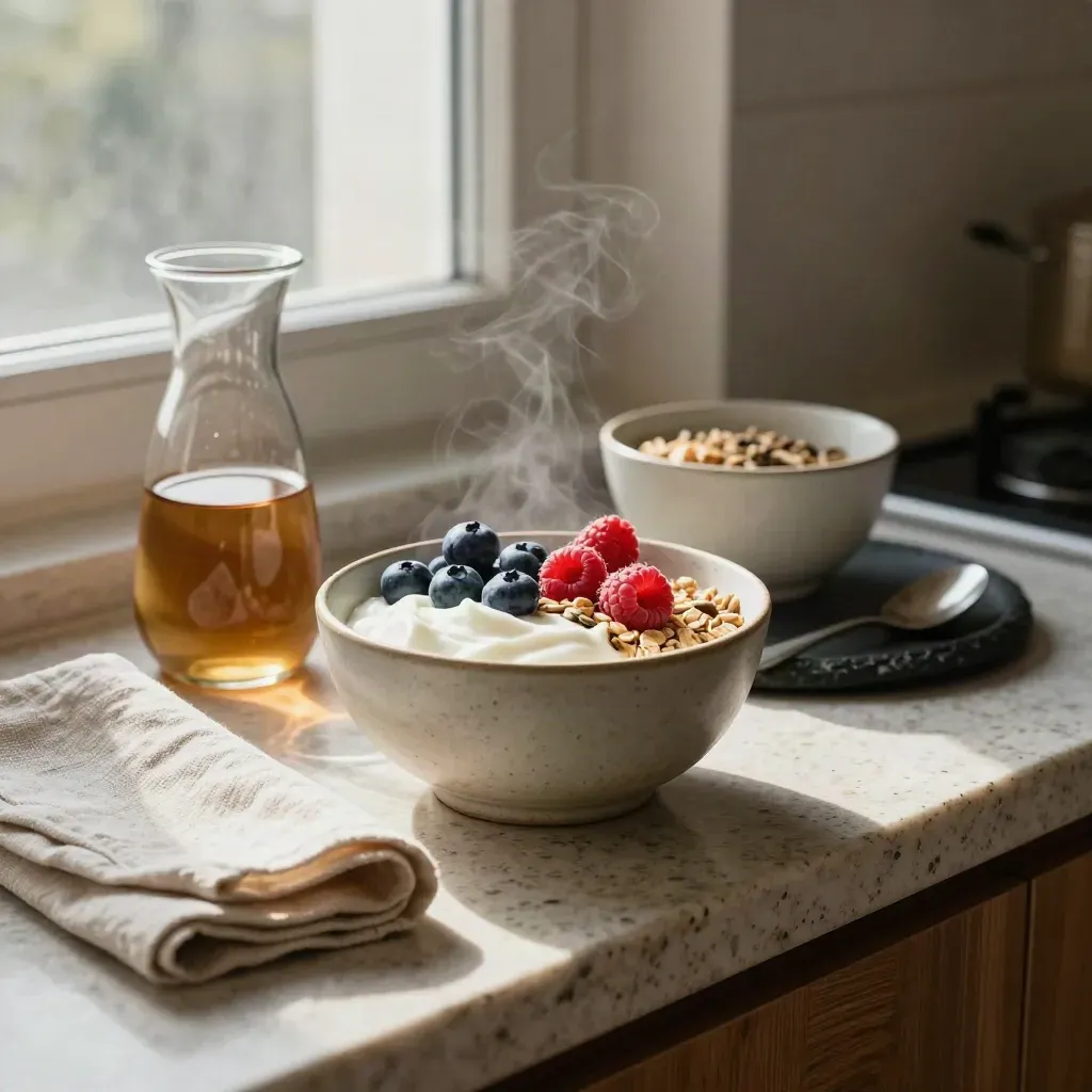 Yoghurt breakfast bowl with berries, oats, seeds and a water carafe in soft window light