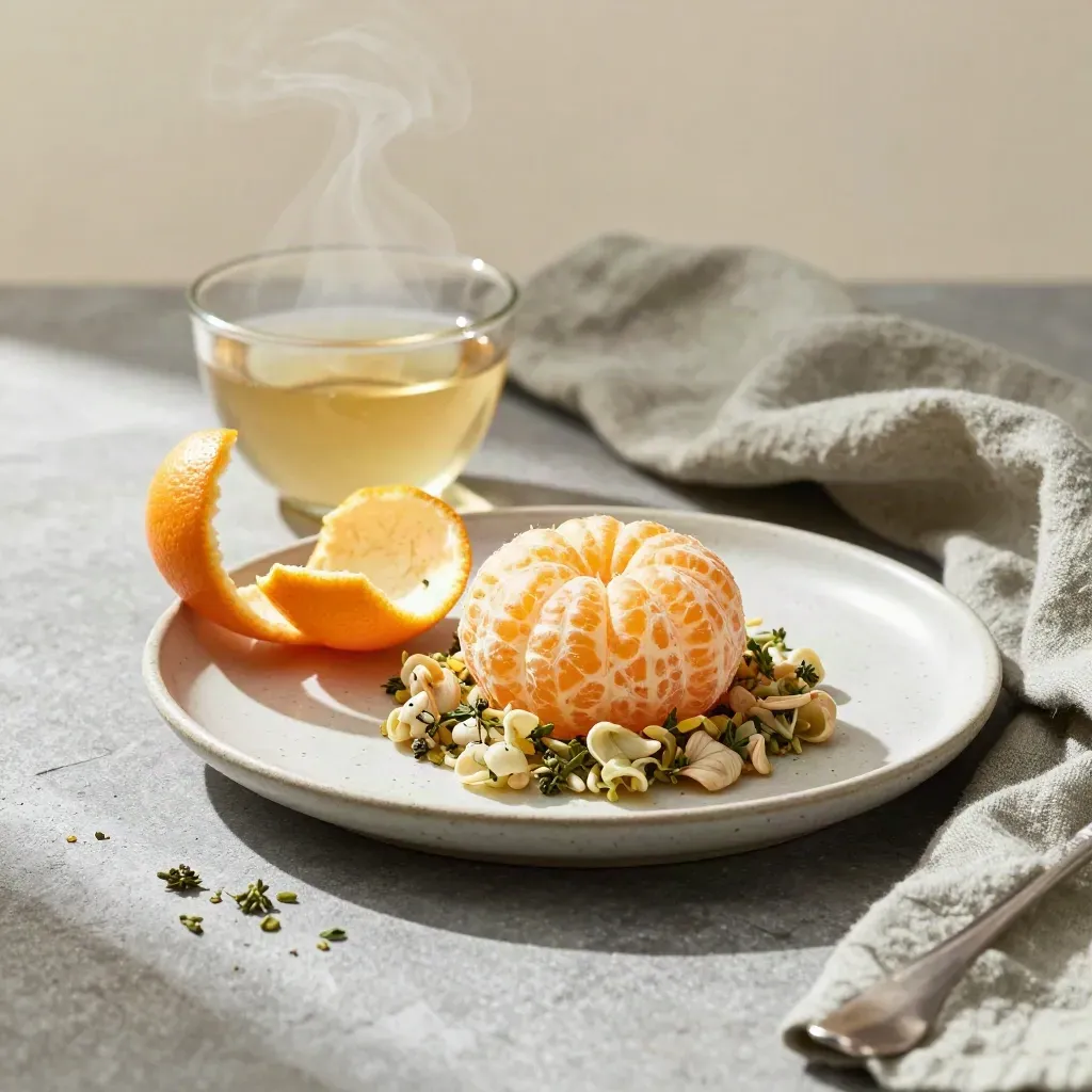 Ceramic plate with half-peeled citrus, steaming herbal tea, and linen napkin on a stone table.
