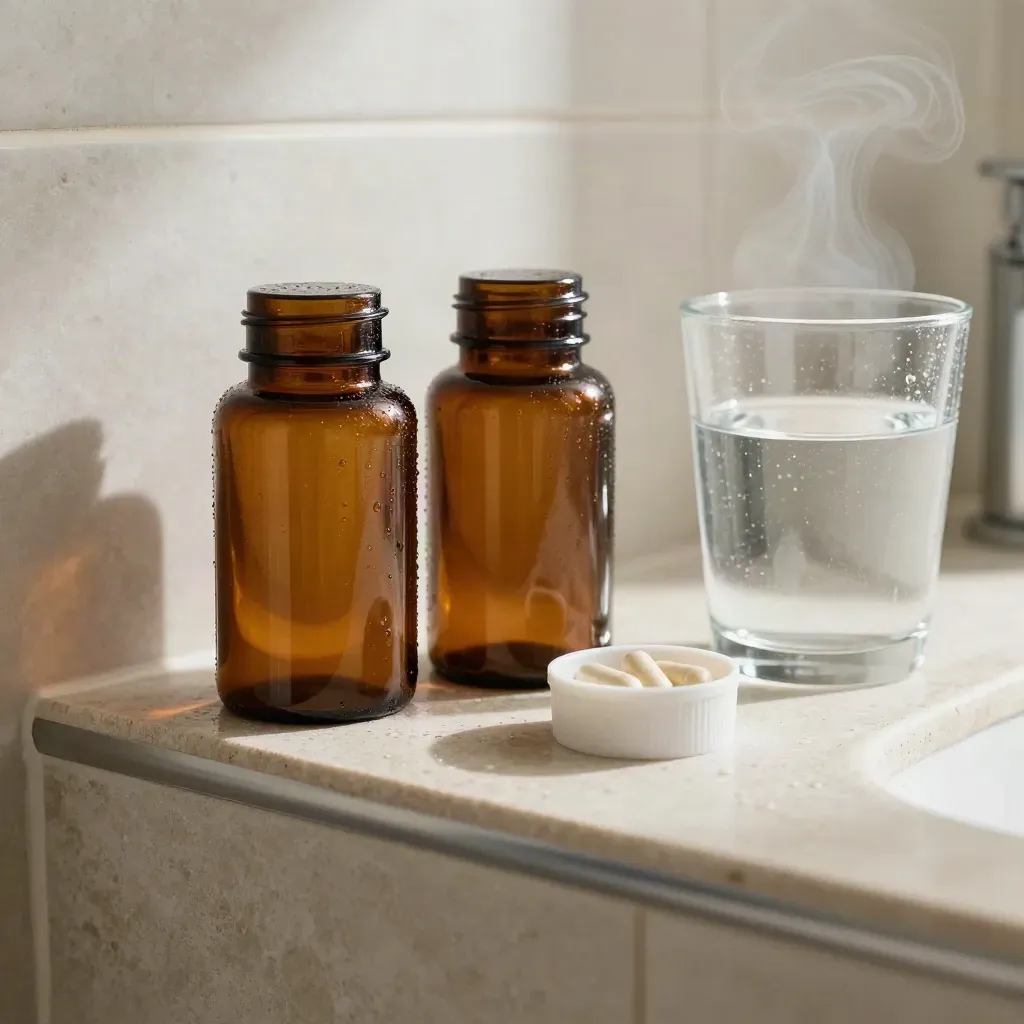 Amber supplement bottles, capsule dish and water glass on a misty bathroom shelf