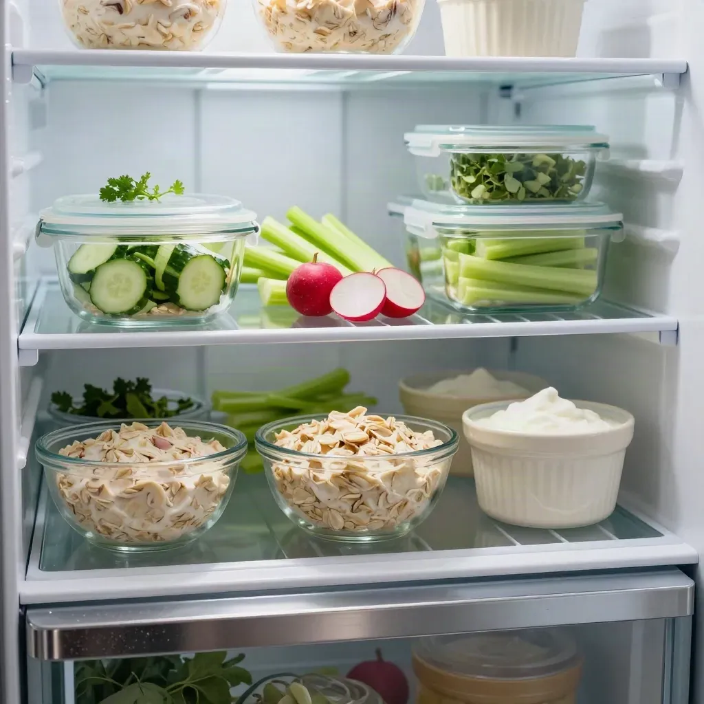Fridge shelf of clear meal-prep bowls, chopped vegetables and overnight oats in cool mist.