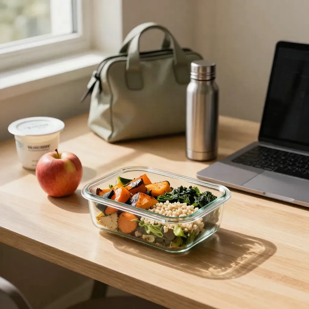 Office lunch kit with meal container, apple, yogurt pot, insulated bottle and closed laptop