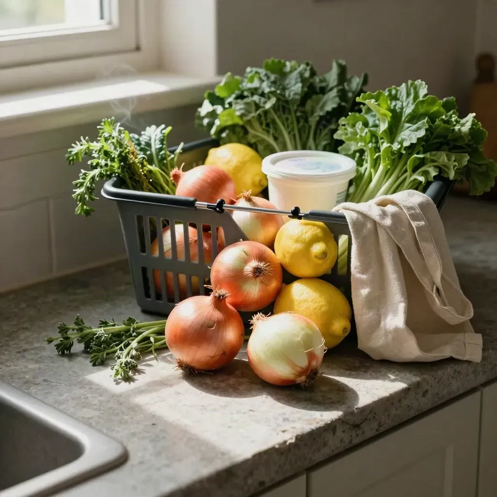 Grocery basket with produce, yogurt, and a reusable tote on a stone counter