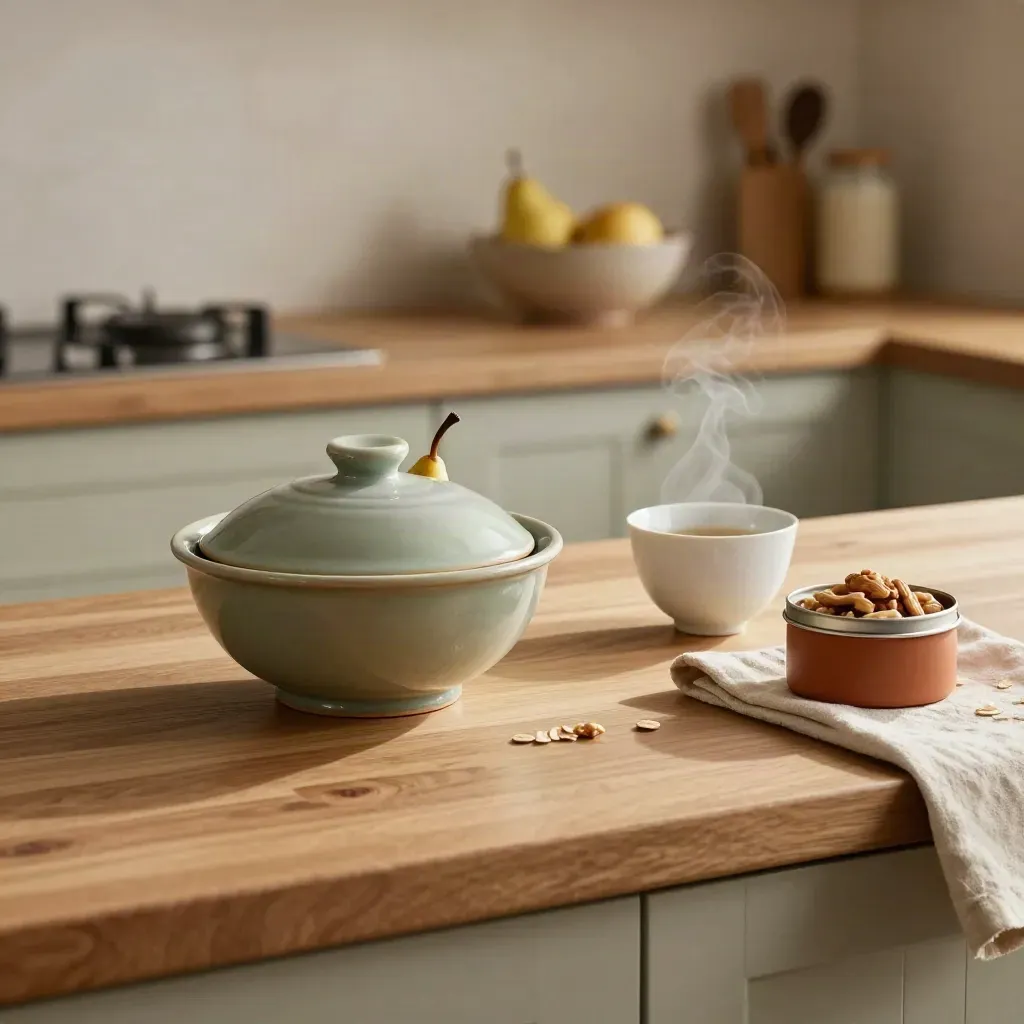 Calm snack station with fruit bowl, tea cup and nut tin on a softly lit kitchen counter.