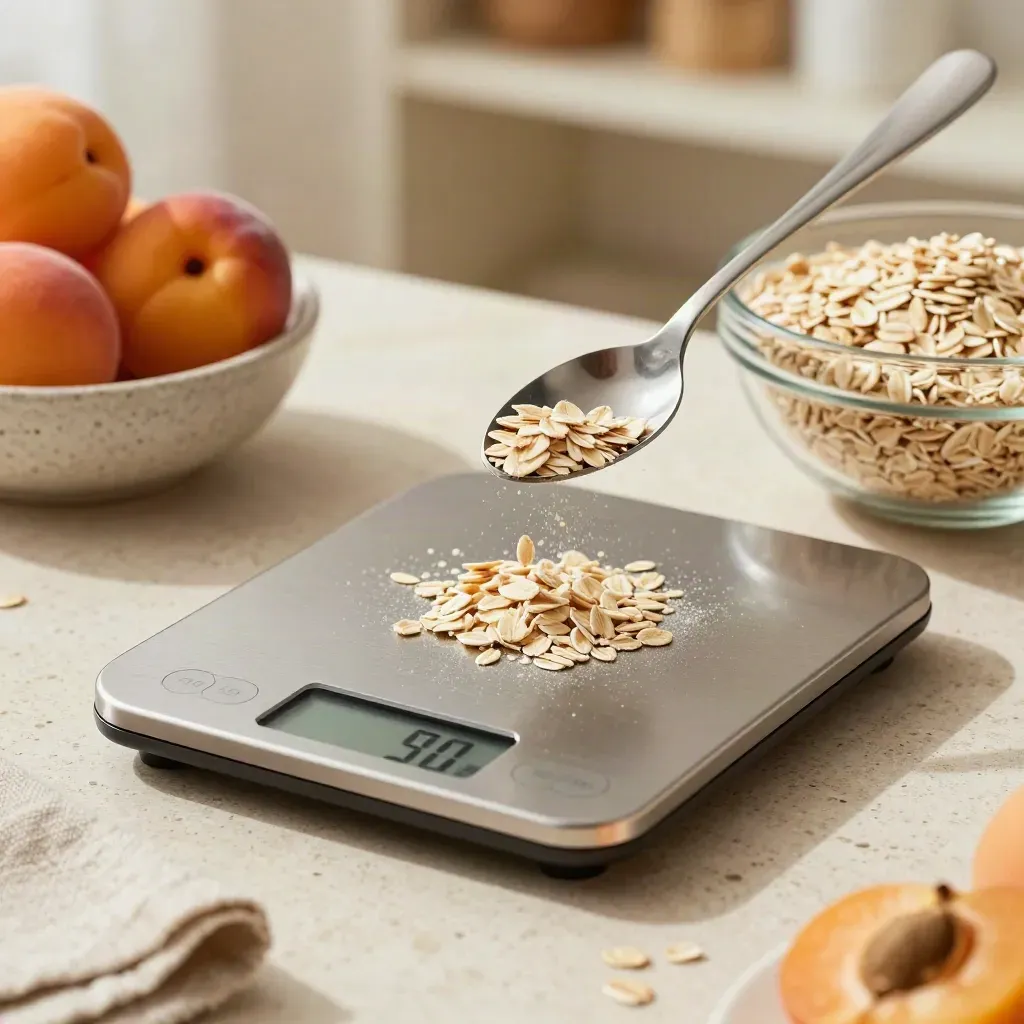 Macro still life of nutrition tools on travertine with oats and stone fruit.