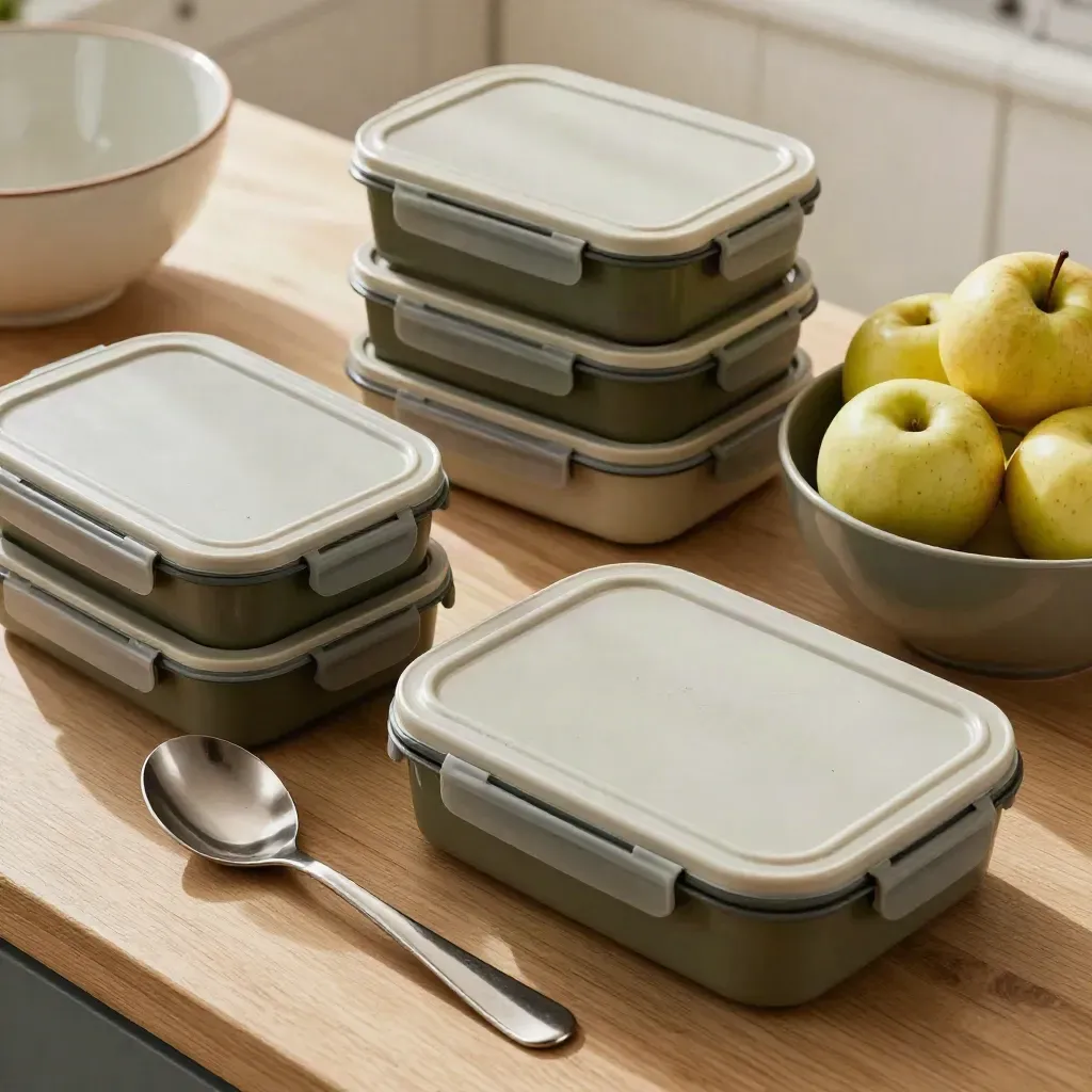 Nested lunchboxes, snack pots, a casserole spoon and apples on a pale oak kitchen counter.
