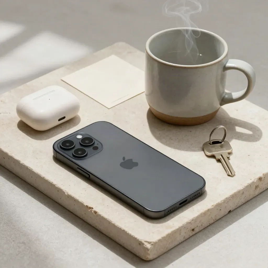 Overhead flatlay of phone, earbuds case, mug and key on pale stone beside a cream call card.