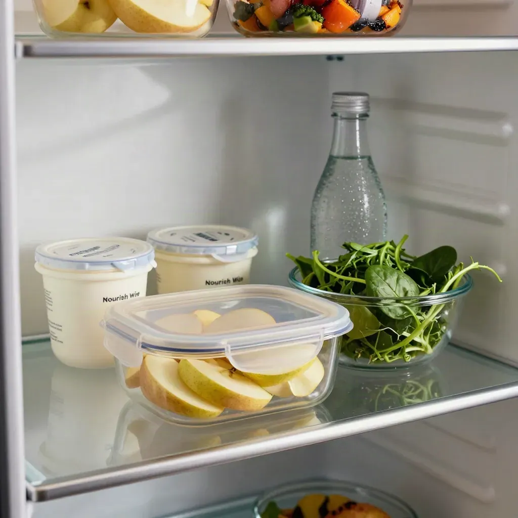 Open fridge shelf with fruit, yoghurt, greens and sparkling water, neatly sorted for the week.