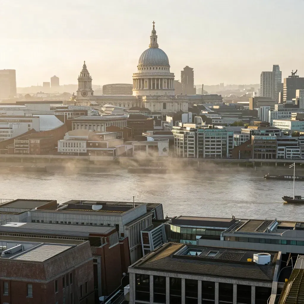 Hazy dawn over the Thames with St Paul’s dome and calm water for copy space