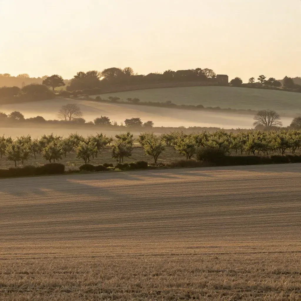 Golden Kent orchards and hop fields under sunrise haze with a distant brick farm ridge line.